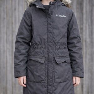 Columbia Girls Hooded Parka Coat Size M 10/12 Dark Grey Faux Fur Trim Winter Jac